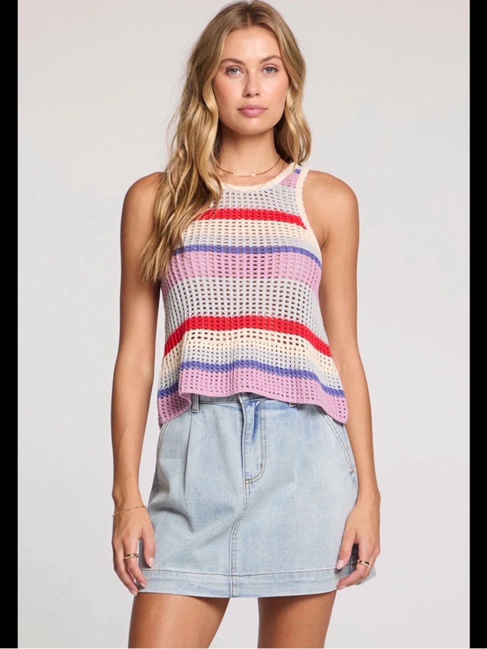 Striped Crochet Sleeveless Tank Top - Pink Multi Large New